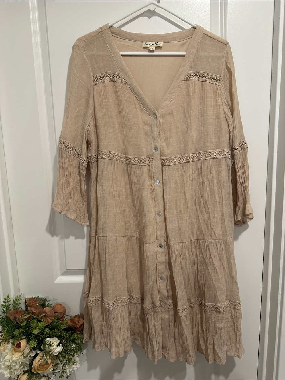 Beige Button-Front Boho Tunic dress
